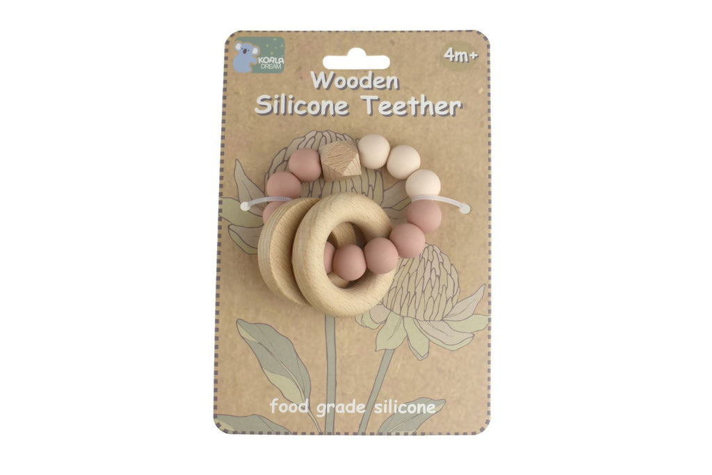 WOODEN SILICONE RINGS TEETHER - PINK
