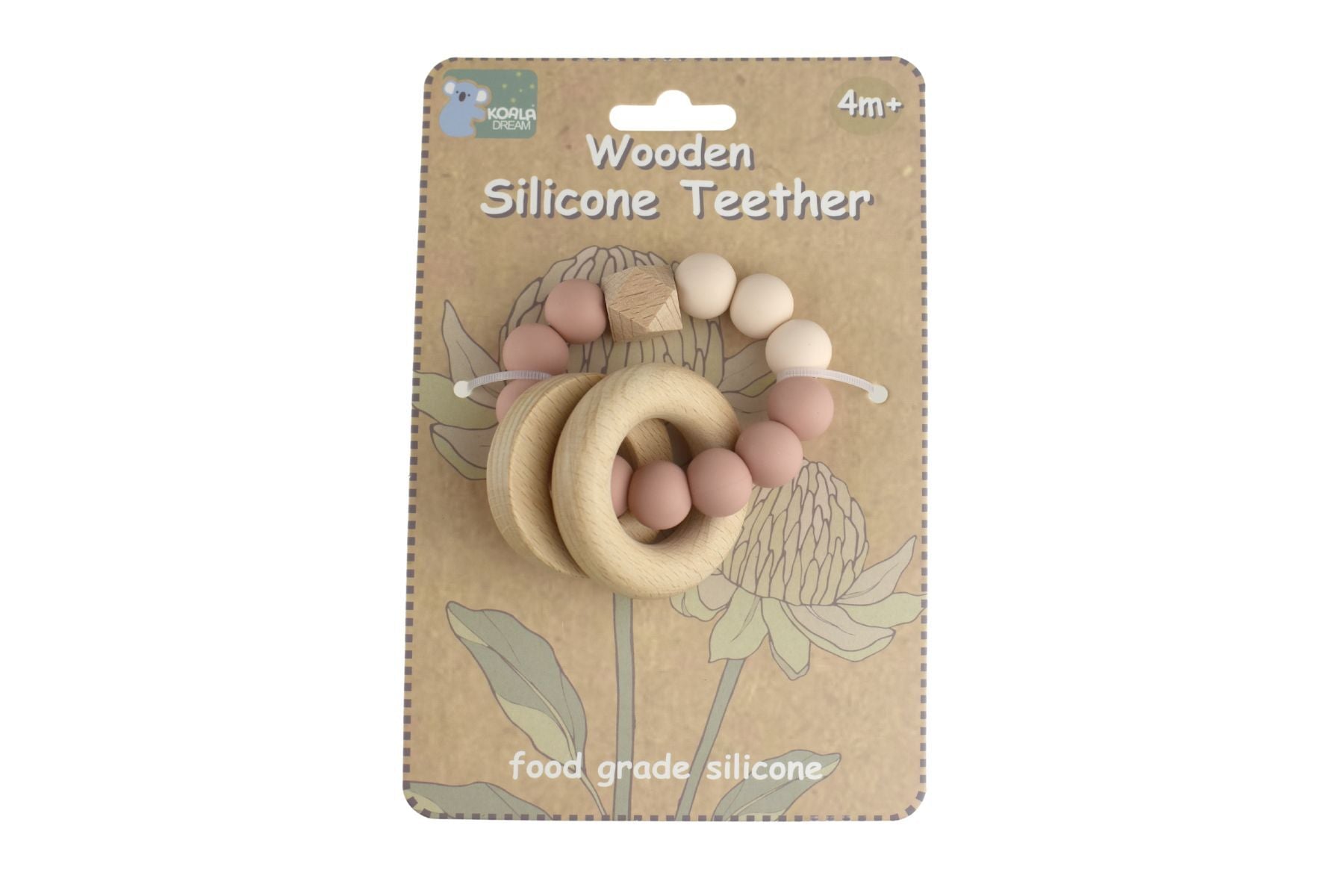 WOODEN SILICONE RINGS TEETHER - PINK