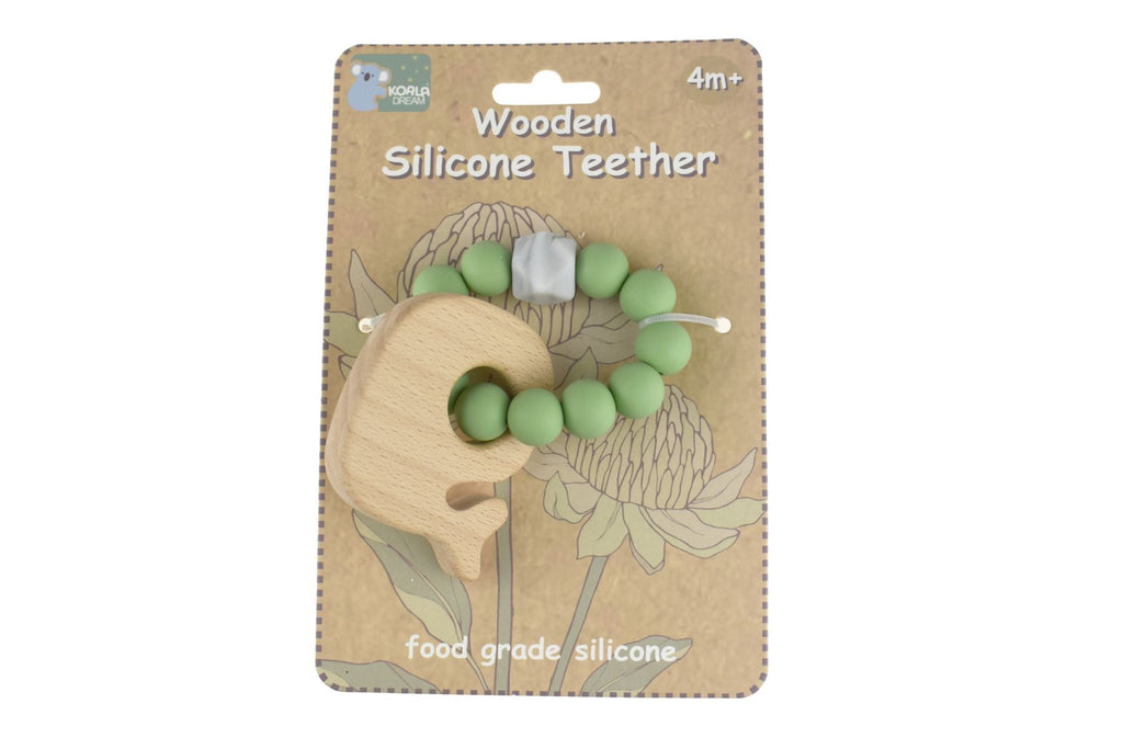 WOODEN SILICONE WHALE TEETHER - GREEN