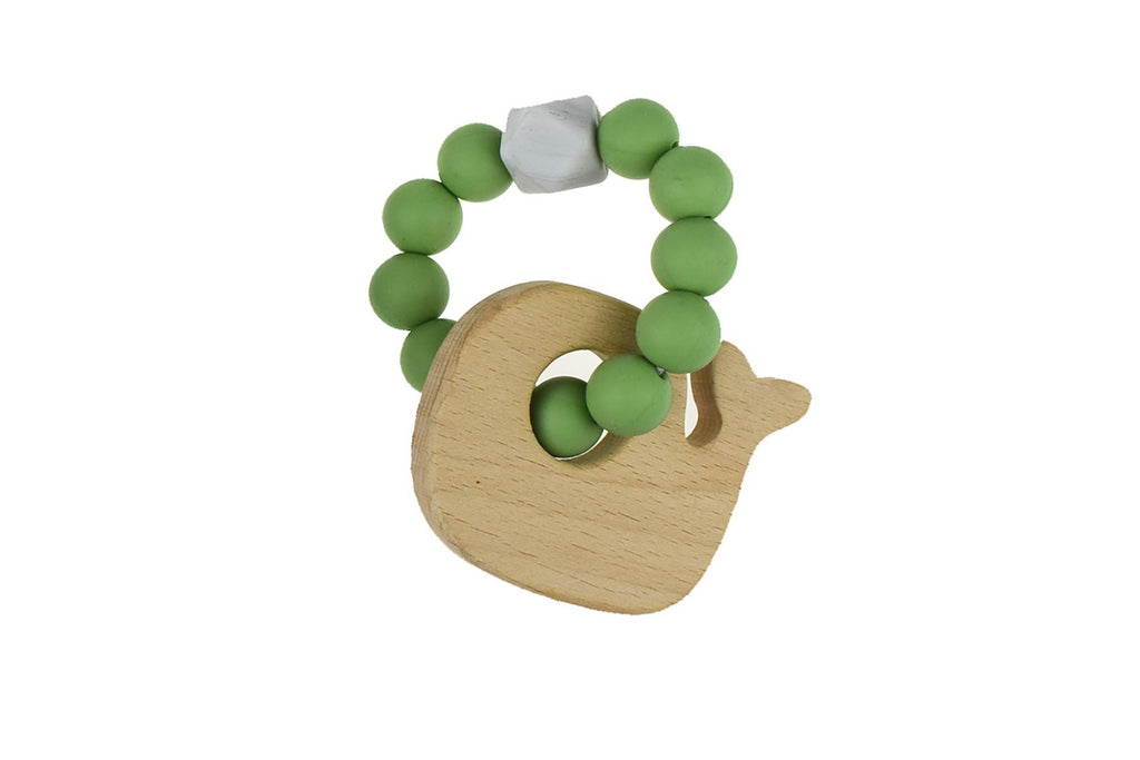 WOODEN SILICONE WHALE TEETHER - GREEN
