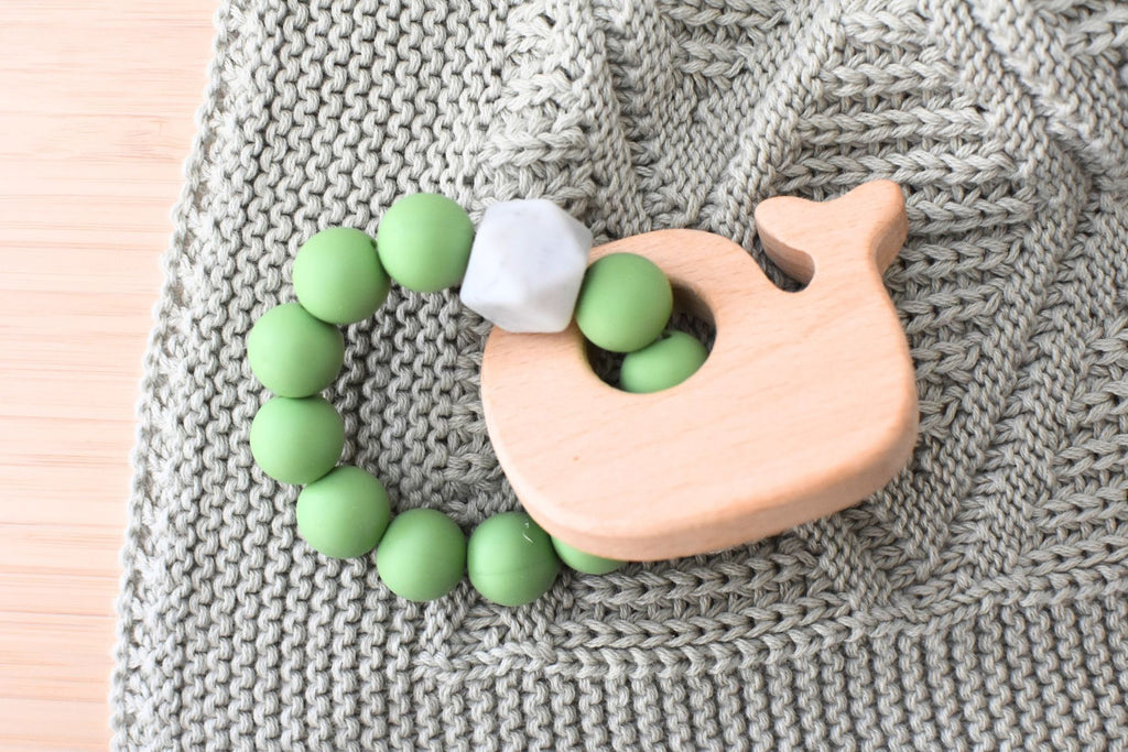 WOODEN SILICONE WHALE TEETHER - GREEN