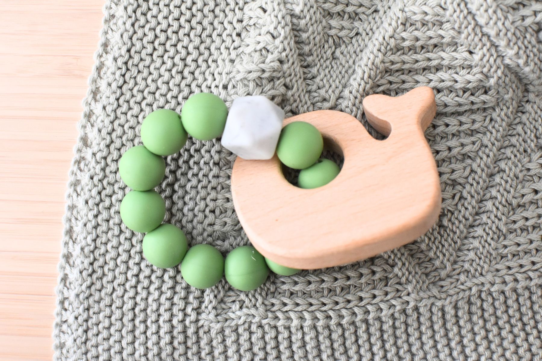 WOODEN SILICONE WHALE TEETHER - GREEN