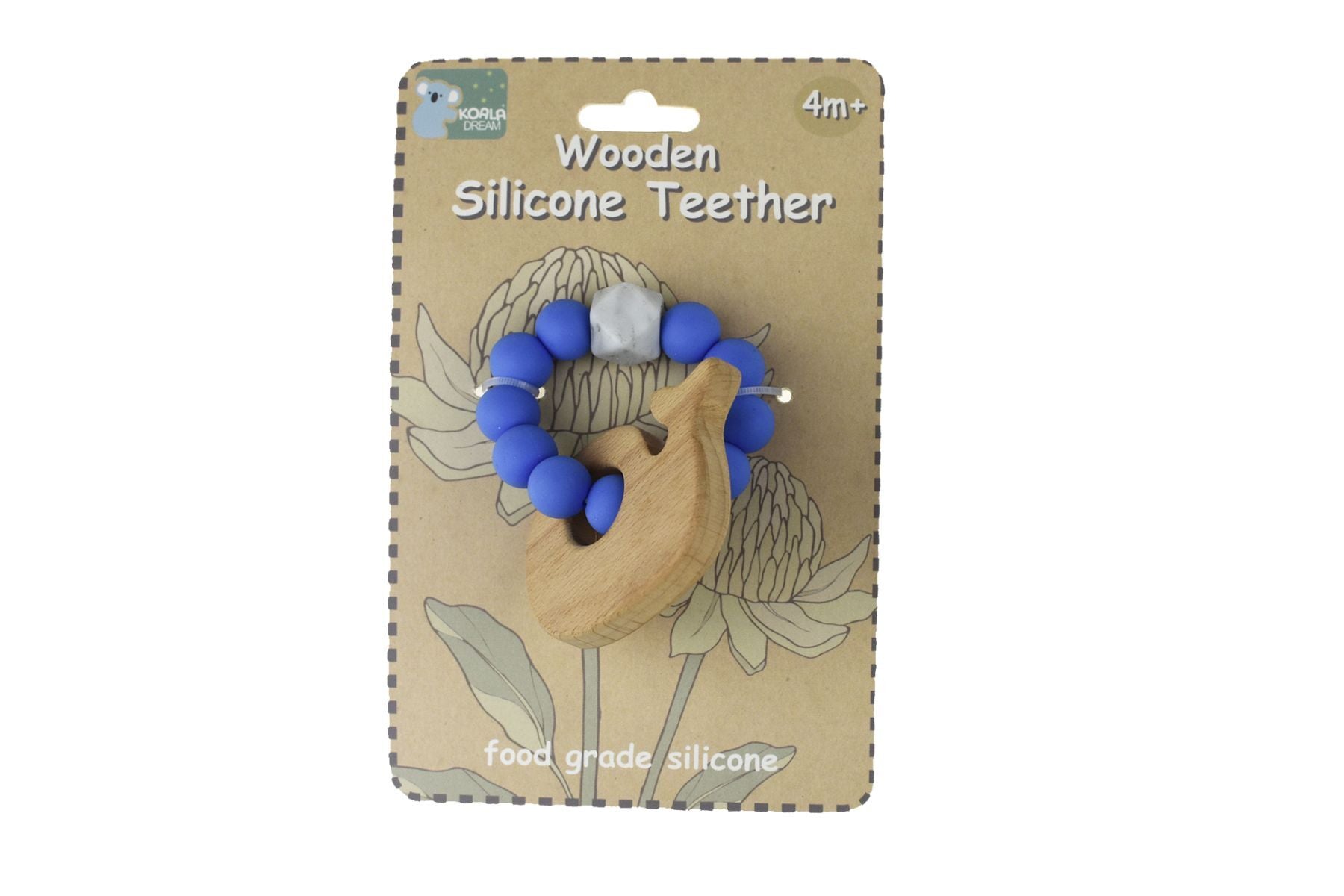 WOODEN SILICONE WHALE TEETHER - BLUE