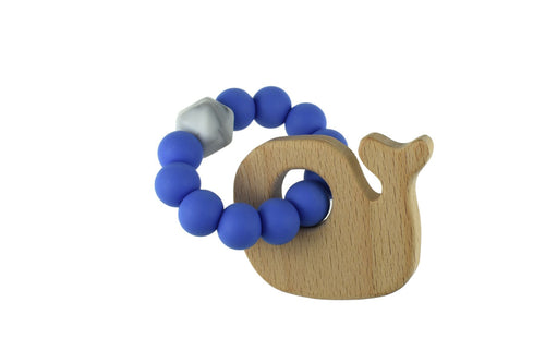 Blue Koala Dream Wooden And Silicone Whale Teether For Babies Natural Wood Ring With Textured Beads