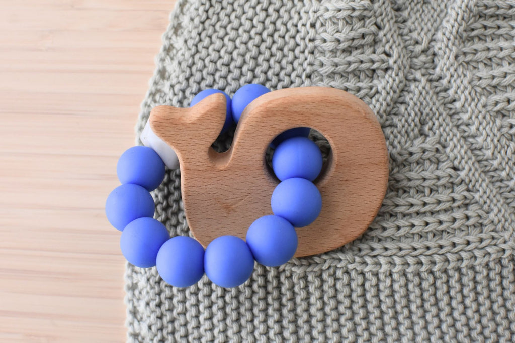 WOODEN SILICONE WHALE TEETHER - BLUE