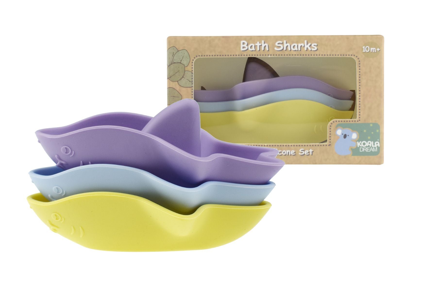 BATH SHARKS SILICONE 3PC SET - YELLOW/PURPLE