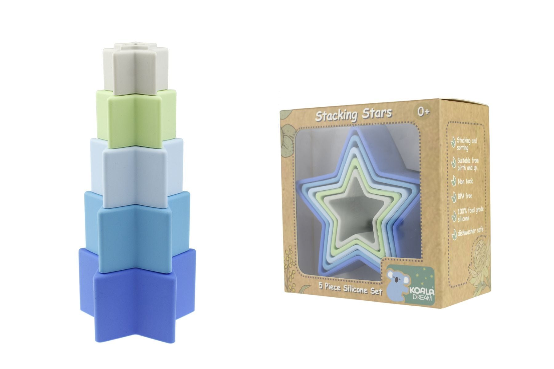 STACKING STARS 5 PC SILICONE SET - BLUE/GREEN