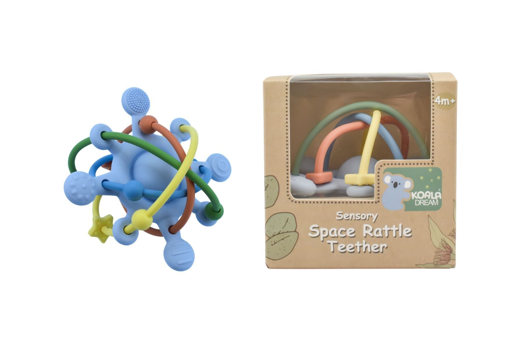 SILICONE SENSORY SPACE RATTLE TEETHER - BLUE