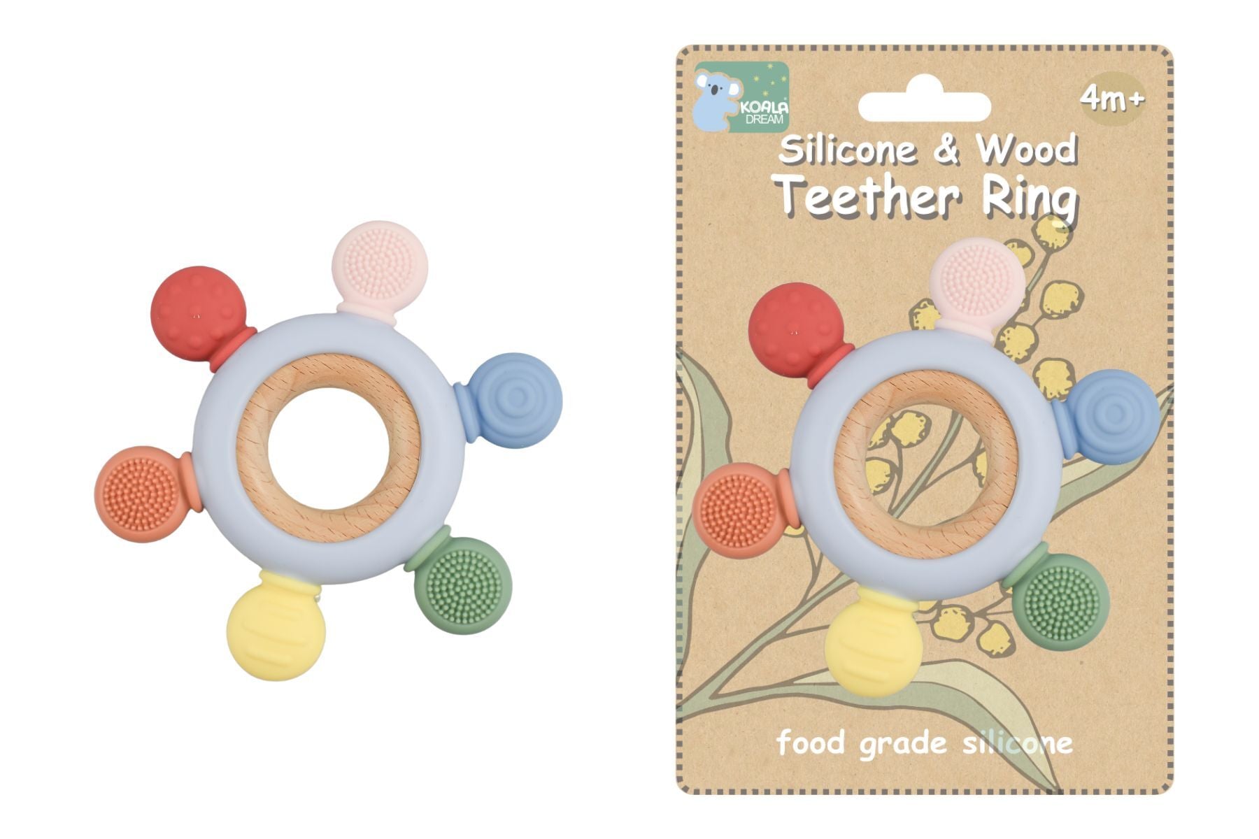 SILICONE AND WOODEN TEETHER RING - BLUE