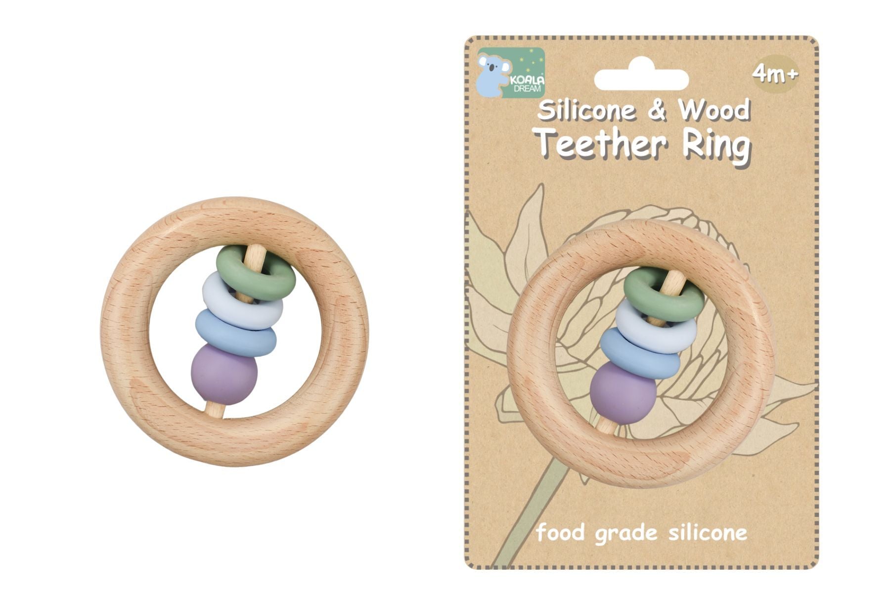 SILICONE AND WOODEN TEETHER RING - GREEN