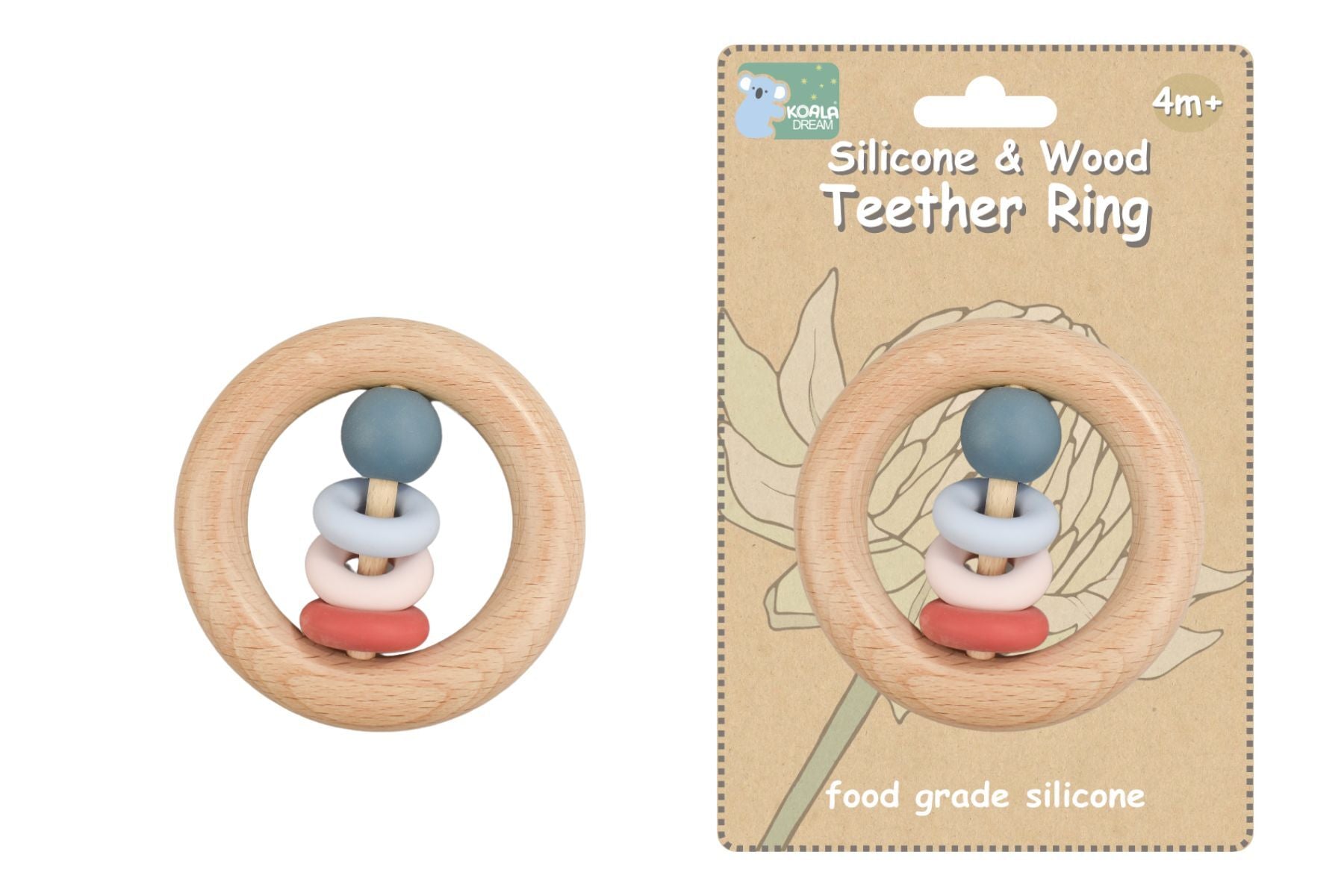 SILICONE AND WOODEN TEETHER RING - RED