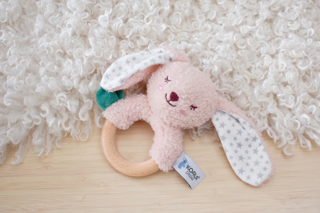 Koala Dream Snuggle Buddy Berry Bunny Wooden Ring Rattle For Babies Sensory Toy For Soothing Gums