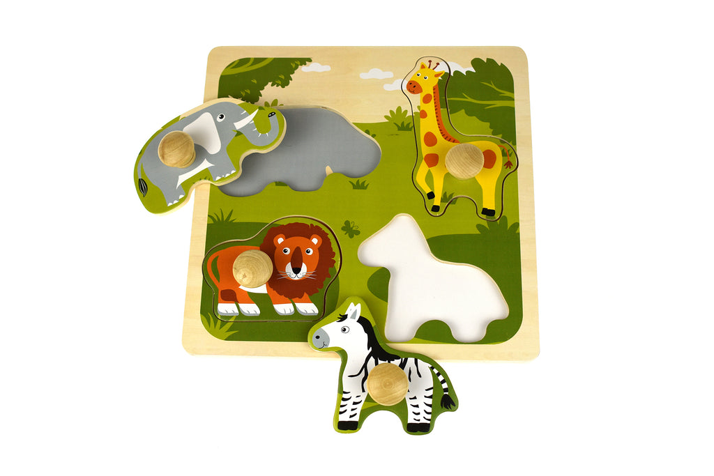 Safari Animal Large Peg Puzzle For Toddlers Wooden Shape Matching Toy Featuring Lion Zebra Elephant And Giraffe