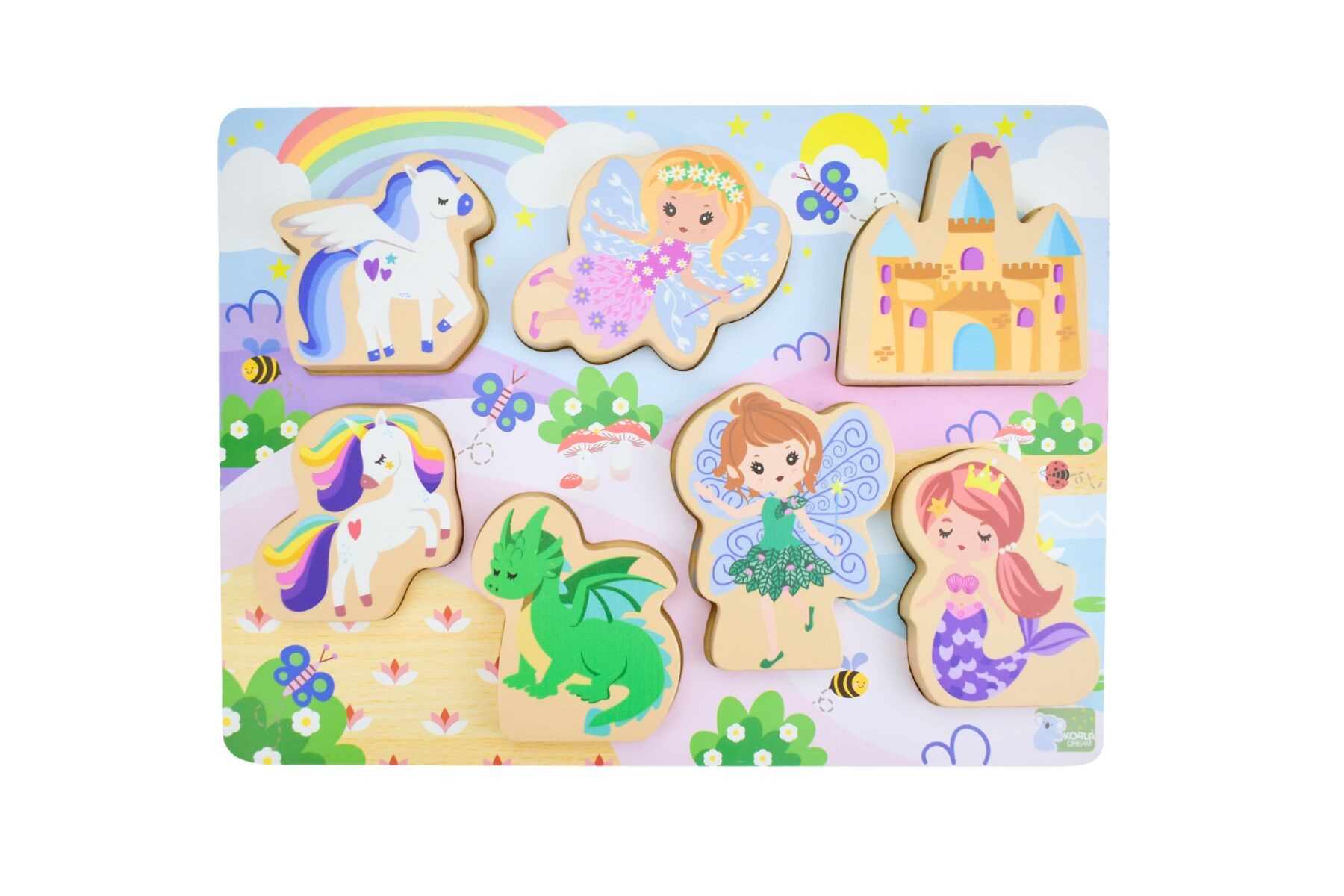 Wooden Chunky Puzzle Fantasy Fairytale 7 Piece Set With Unicorn Pegasus Dragon Mermaid For Little Dreamers