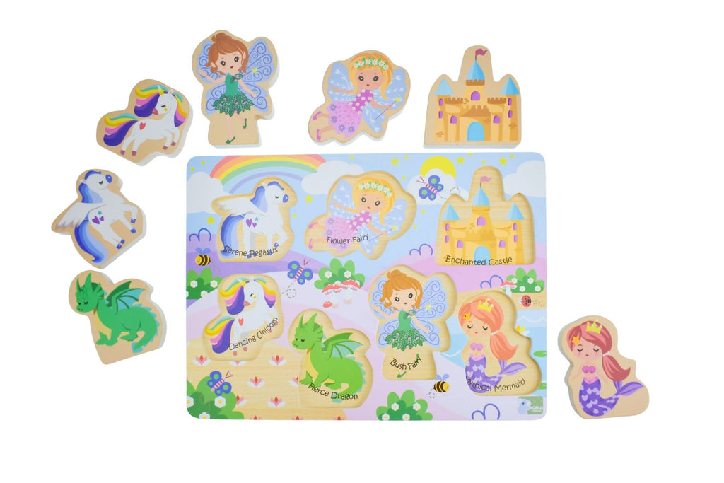 Wooden Chunky Puzzle Fantasy Fairytale 7 Piece Set With Unicorn Pegasus Dragon Mermaid For Little Dreamers