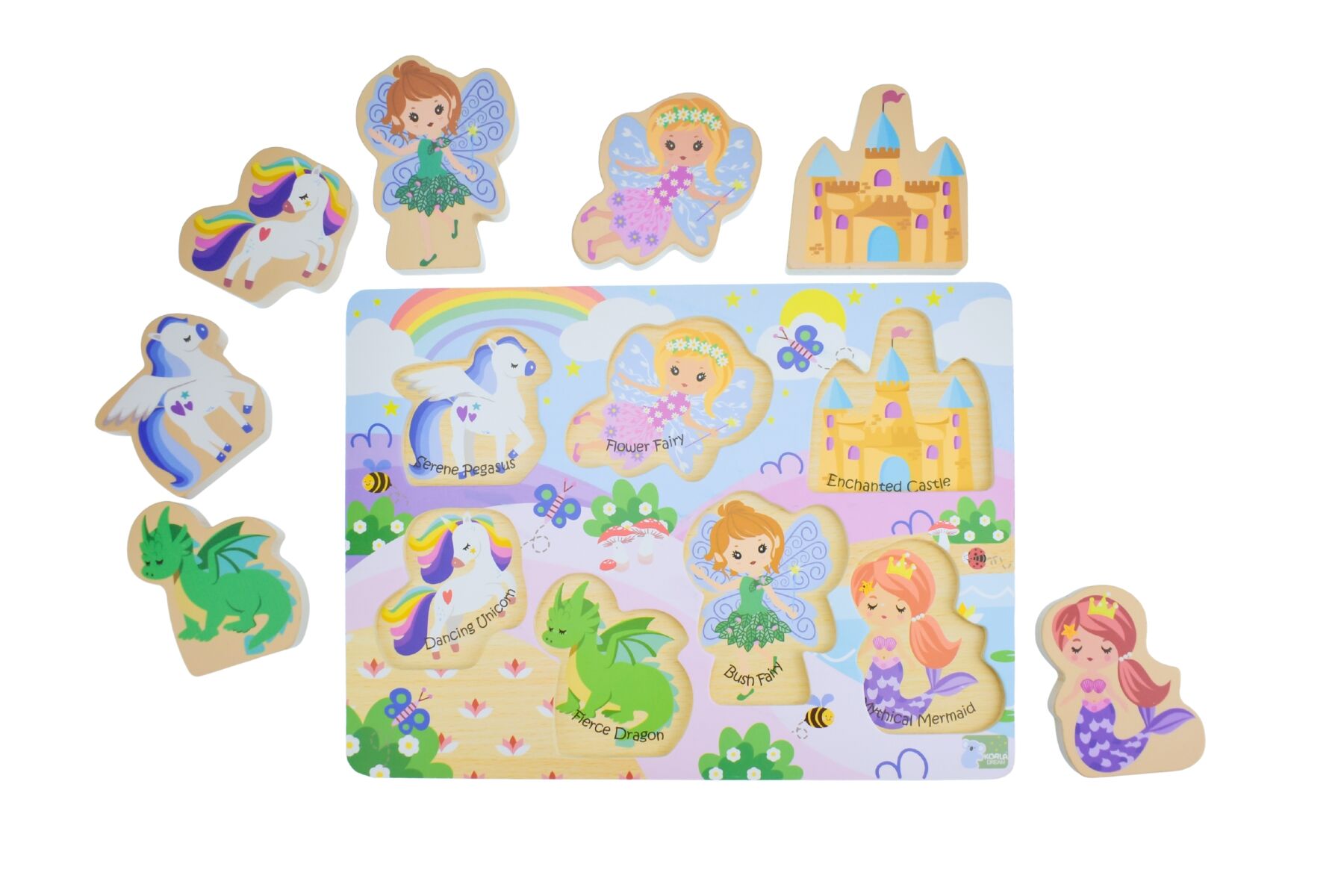 Wooden Chunky Puzzle Fantasy Fairytale 7 Piece Set With Unicorn Pegasus Dragon Mermaid For Little Dreamers