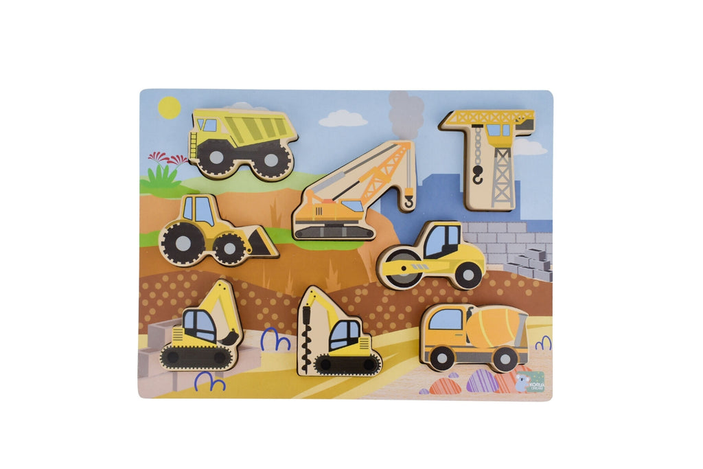 Wooden Chunky Construction Vehicle Puzzle 3 In 1 With Vehicle Figurines And Construction Play Board Koala Dream