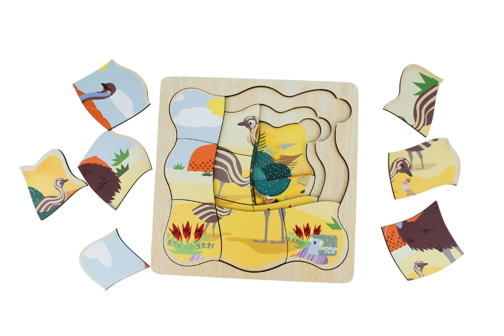 Bush Buddies Emu Life Cycle Layer Puzzle Wooden Educational Toy Four Layer Peel Back Reveal Egg To Adult Koala Dream