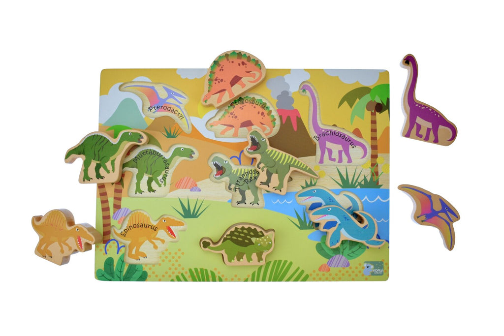 Koala Dream Wooden Chunky Dinosaur Puzzle Two In One Seven Dinosaurs Including T Rex Spinosaurus Mosasaur For Toddlers