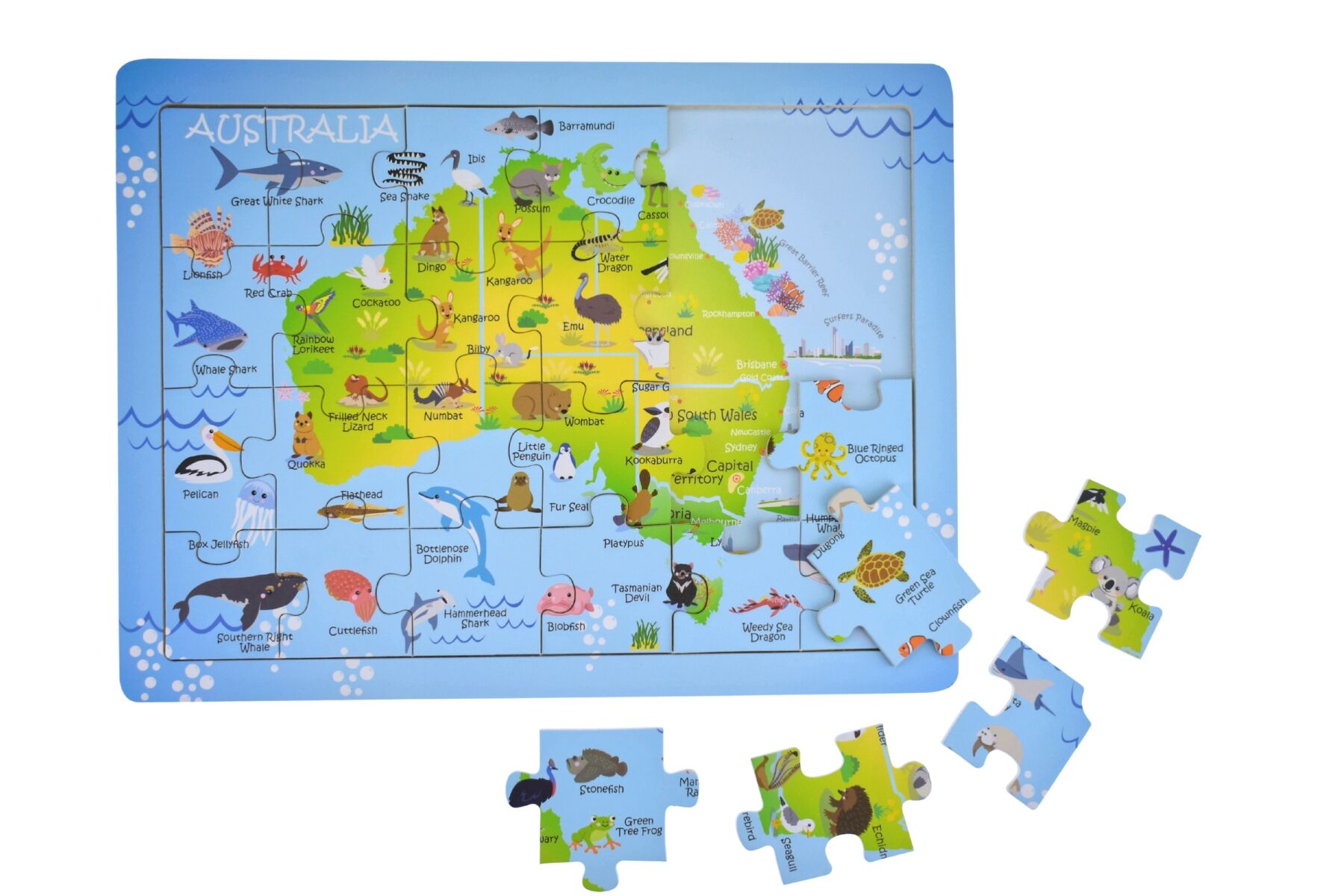 Koala Dream 24 Piece Jigsaw Puzzle Australian Map With Native Wildlife And Iconic Landmarks For Kids