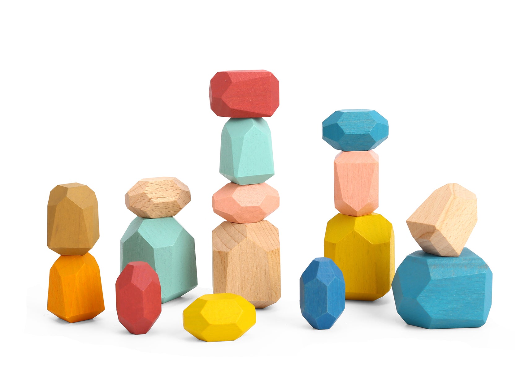 Wooden Stacking Stone Blocks Set 16 Pieces Assorted Sizes And Colors Mint Green Teal Green Lemon Yellow Beech Wood
