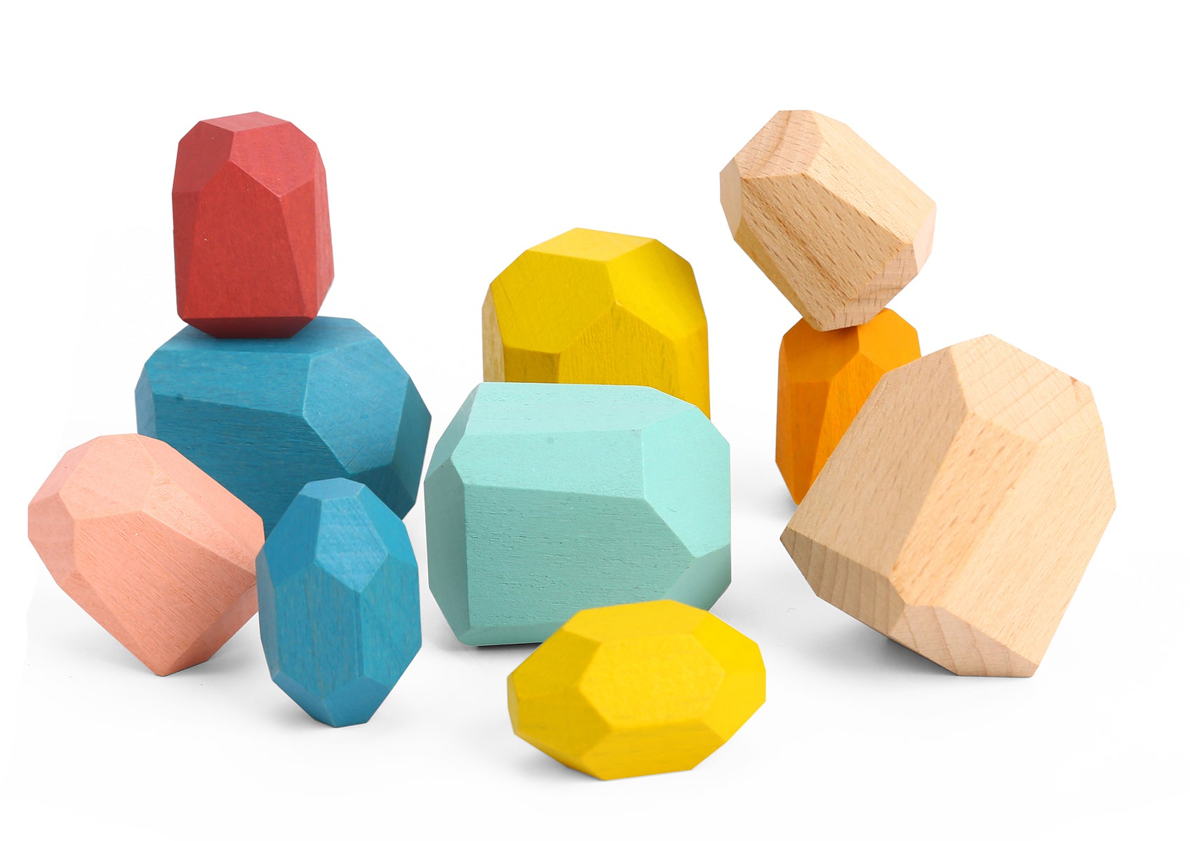 Wooden Stacking Stone Blocks Set 16 Pieces Assorted Sizes And Colors Mint Green Teal Green Lemon Yellow Beech Wood