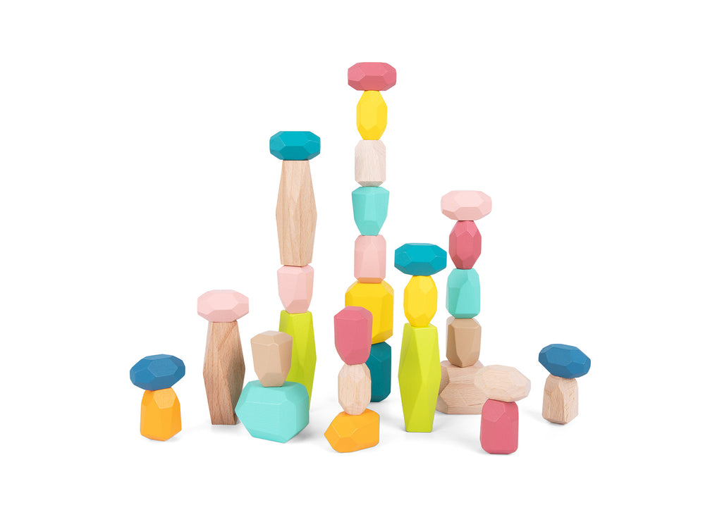 Wooden Stacking Stone Blocks Set Large 31 Stone Pieces In Mint Green Teal Green Lemon Yellow And Natural Beech