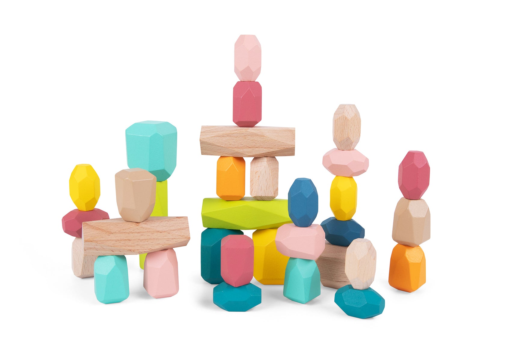 Wooden Stacking Stone Blocks Set Large 31 Stone Pieces In Mint Green Teal Green Lemon Yellow And Natural Beech