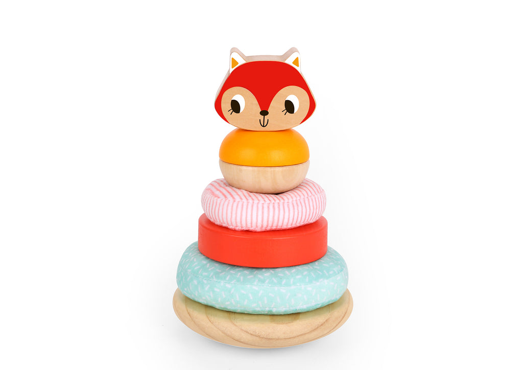 Fox Sensory Stacking Tower Wooden Toy With Fabric And Timber Discs For Toddlers And Babies