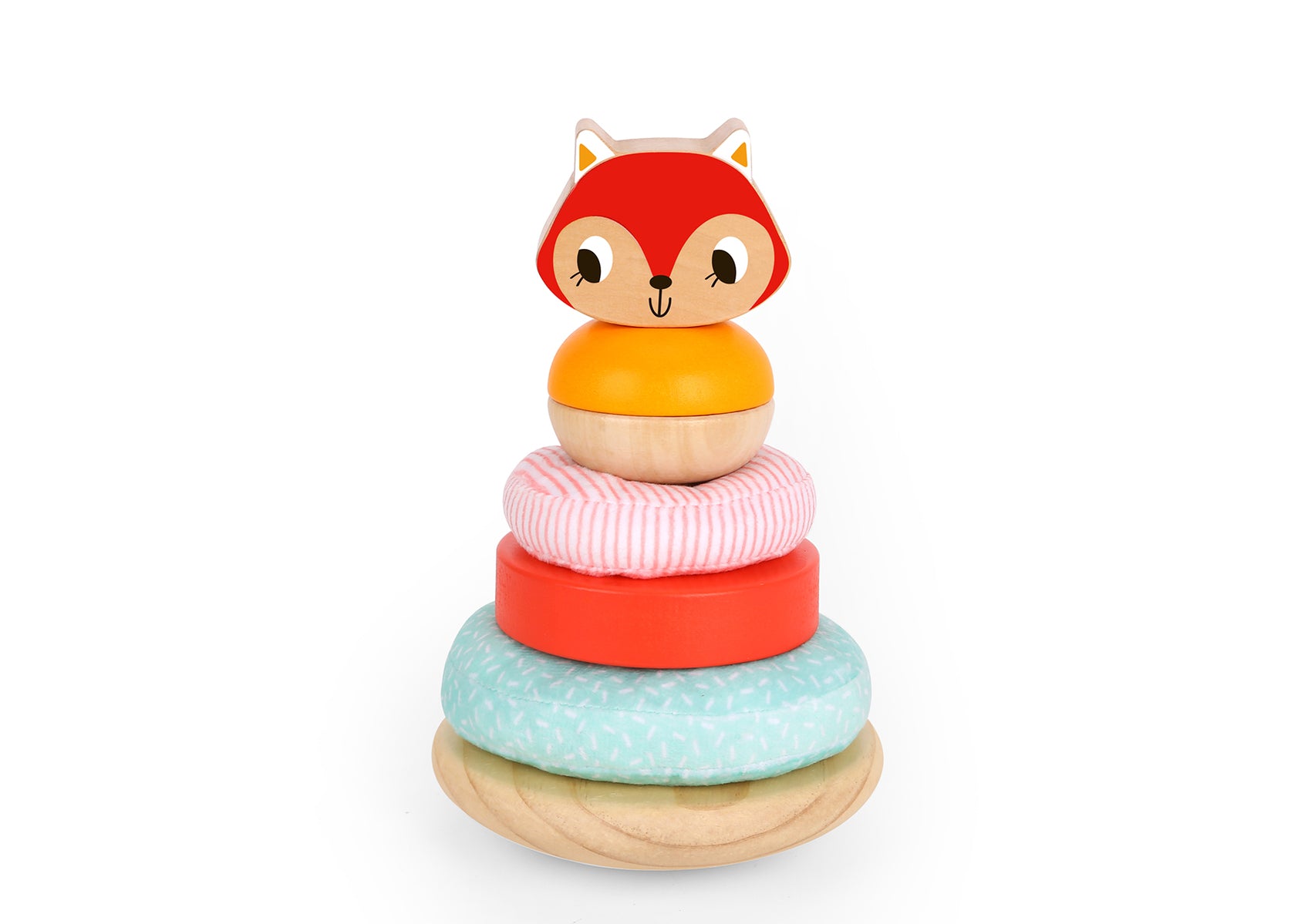 Fox Sensory Stacking Tower Wooden Toy With Fabric And Timber Discs For Toddlers And Babies