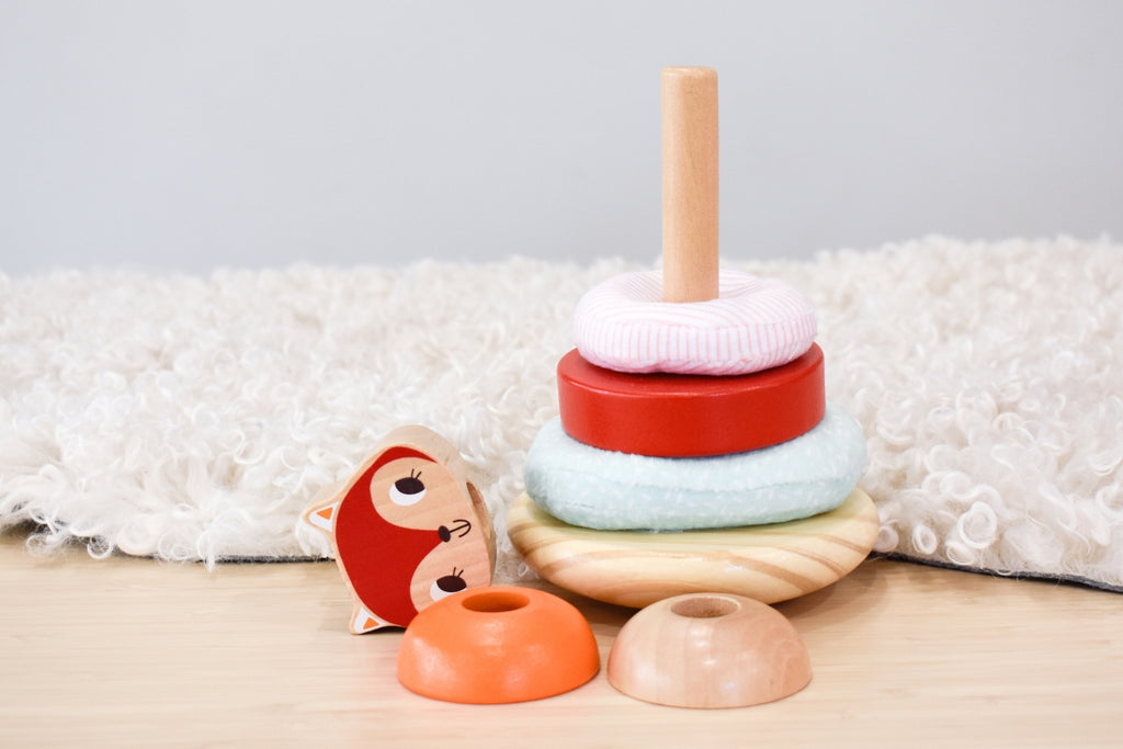 Fox Sensory Stacking Tower Wooden Toy With Fabric And Timber Discs For Toddlers And Babies