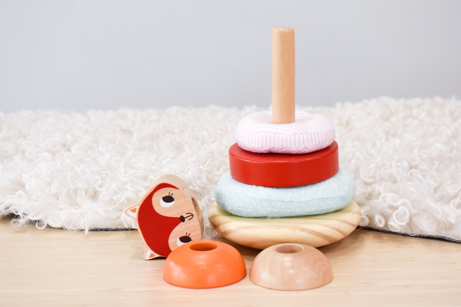 Fox Sensory Stacking Tower Wooden Toy With Fabric And Timber Discs For Toddlers And Babies