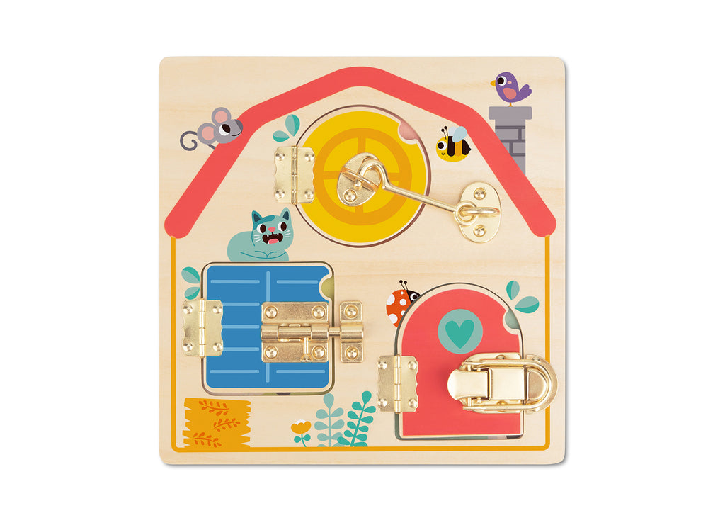Latches Activity Wooden Puzzle Board For Kids By Tooky Toy With Three Locked Doors And Animal Pictures