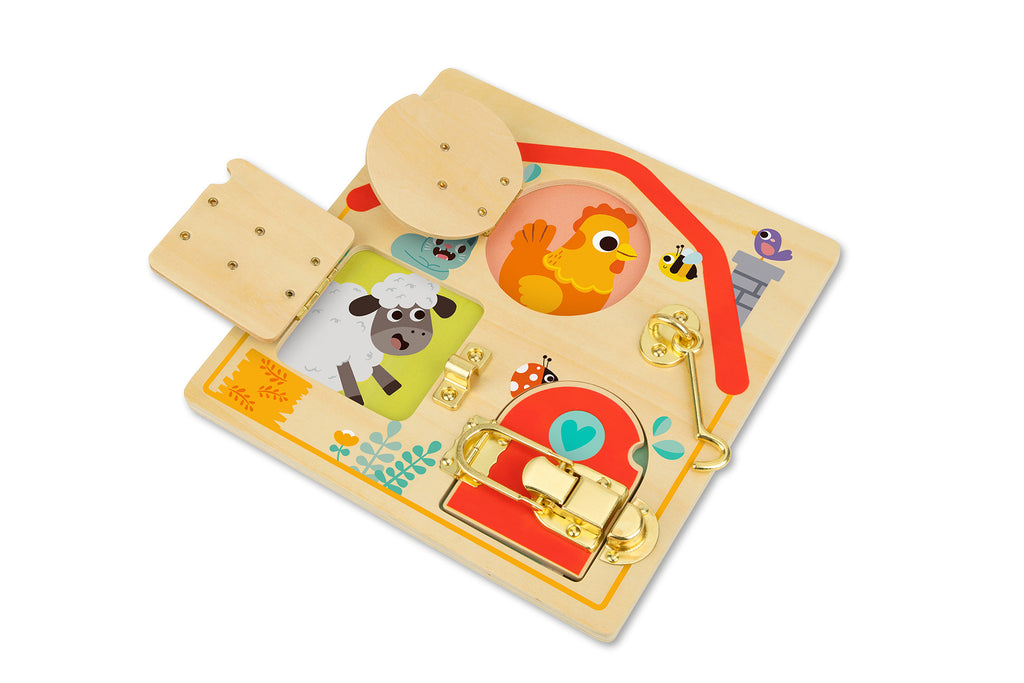 Latches Activity Wooden Puzzle Board For Kids By Tooky Toy With Three Locked Doors And Animal Pictures