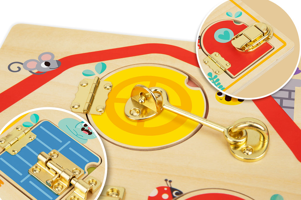 Latches Activity Wooden Puzzle Board For Kids By Tooky Toy With Three Locked Doors And Animal Pictures