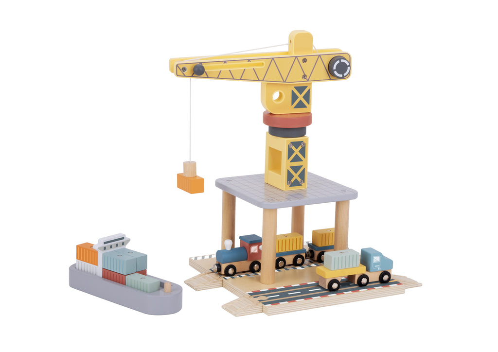 Tooky Toy Port Crane Cargo Set Wooden Playset With Crane Train Truck And Cargo Collection