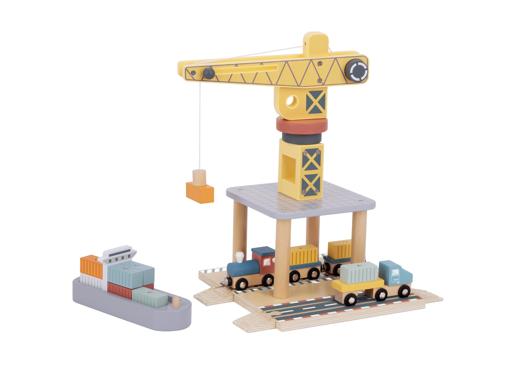 Tooky Toy Port Crane Cargo Set Wooden Playset With Crane Train Truck And Cargo Collection