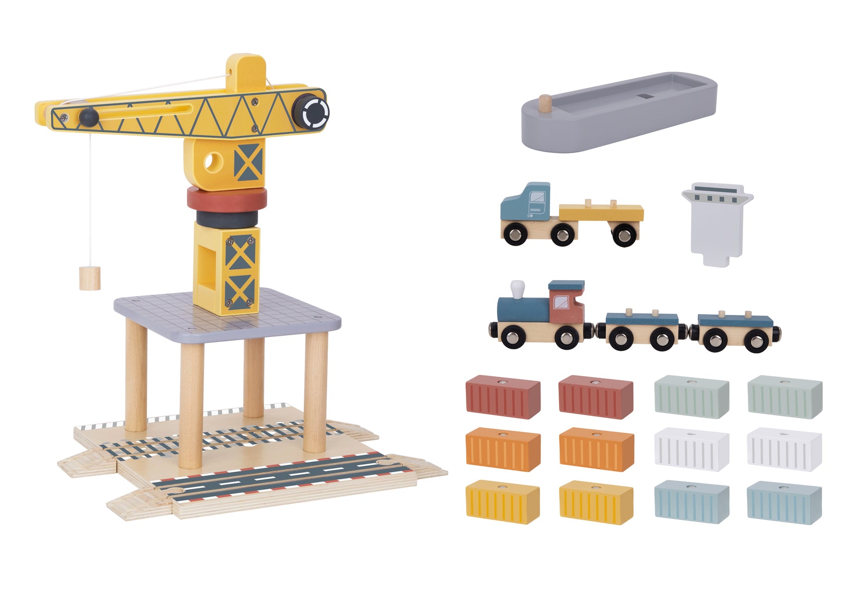 Tooky Toy Port Crane Cargo Set Wooden Playset With Crane Train Truck And Cargo Collection