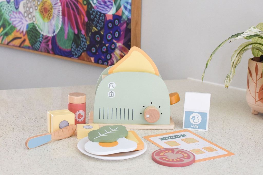 Wooden Toaster Breakfast Set For Kids By Tooky Toy Pretend Play Kitchen Accessory