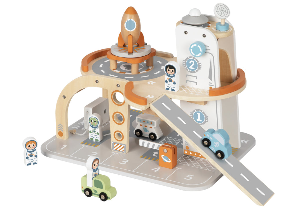 Tooky Toy Space Station Wooden Playset With Multi Level Interstellar Car Park For Imaginative Space Travel