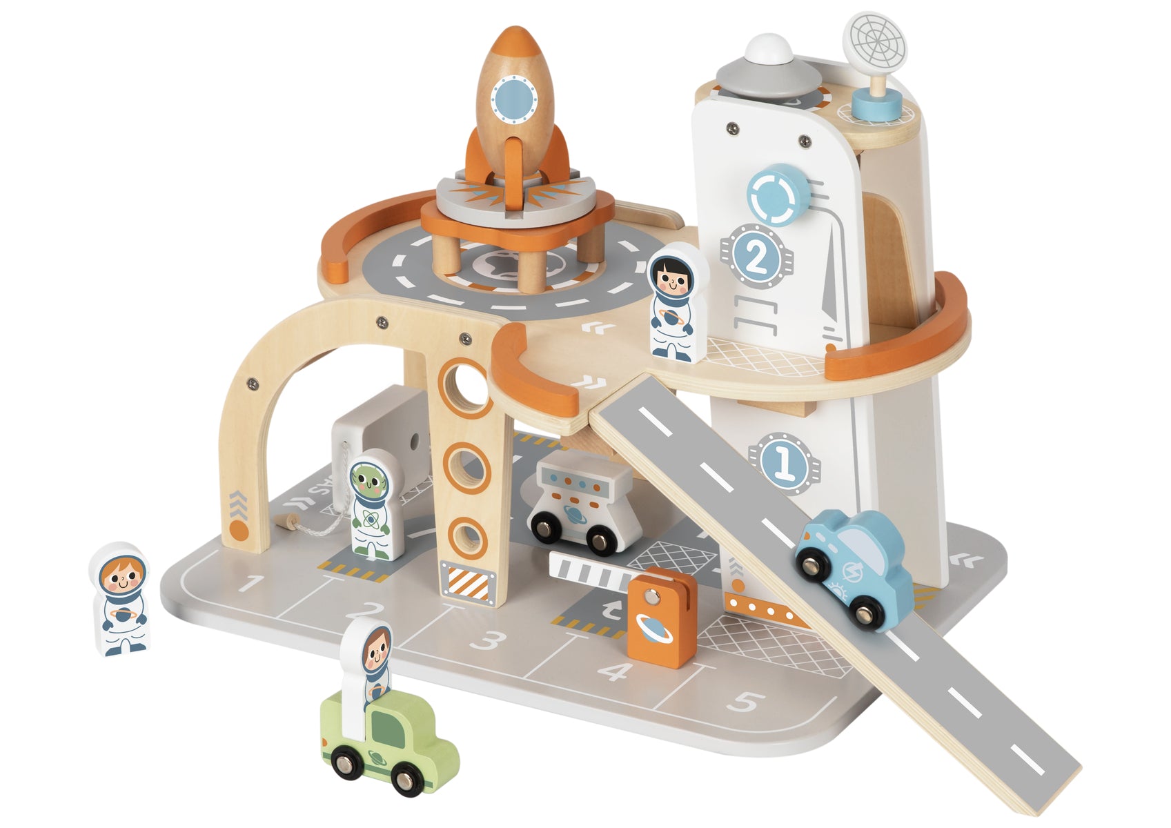 Tooky Toy Space Station Wooden Playset With Multi Level Interstellar Car Park For Imaginative Space Travel