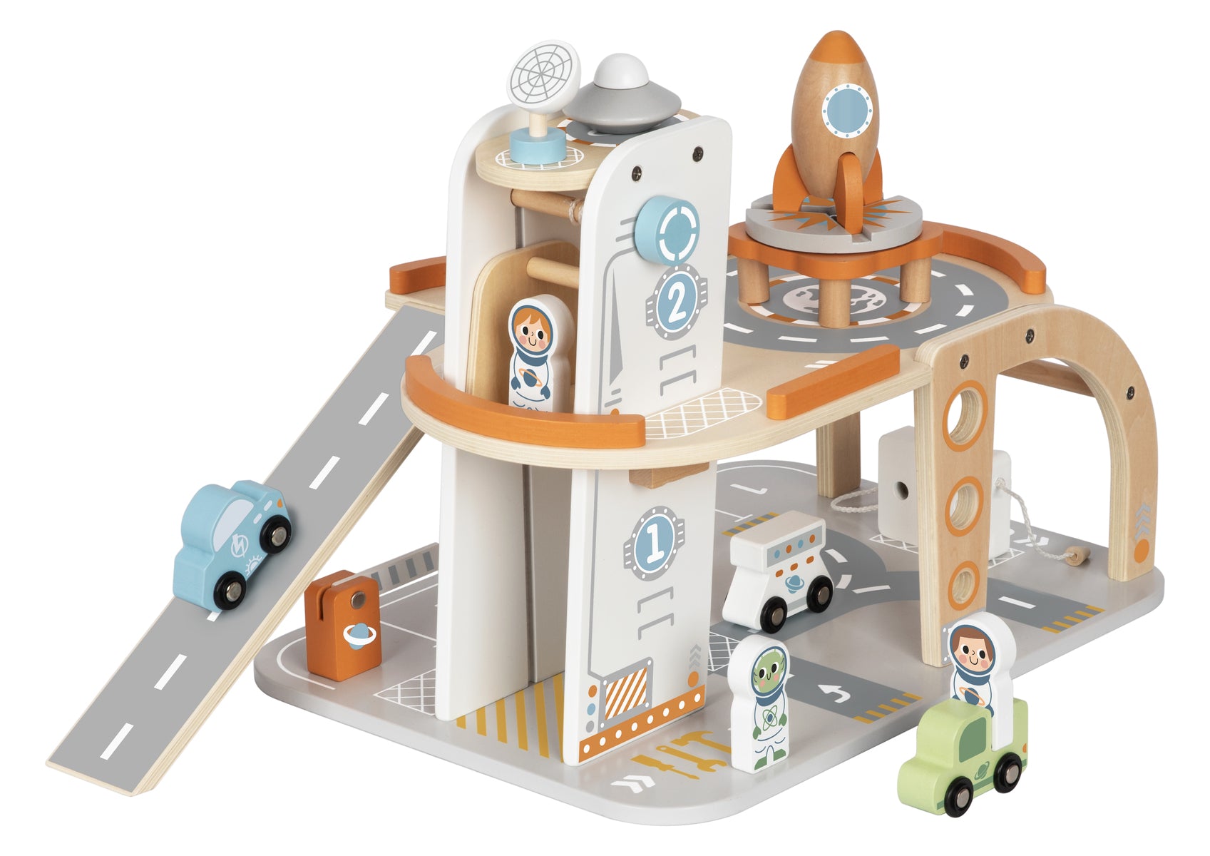 Tooky Toy Space Station Wooden Playset With Multi Level Interstellar Car Park For Imaginative Space Travel