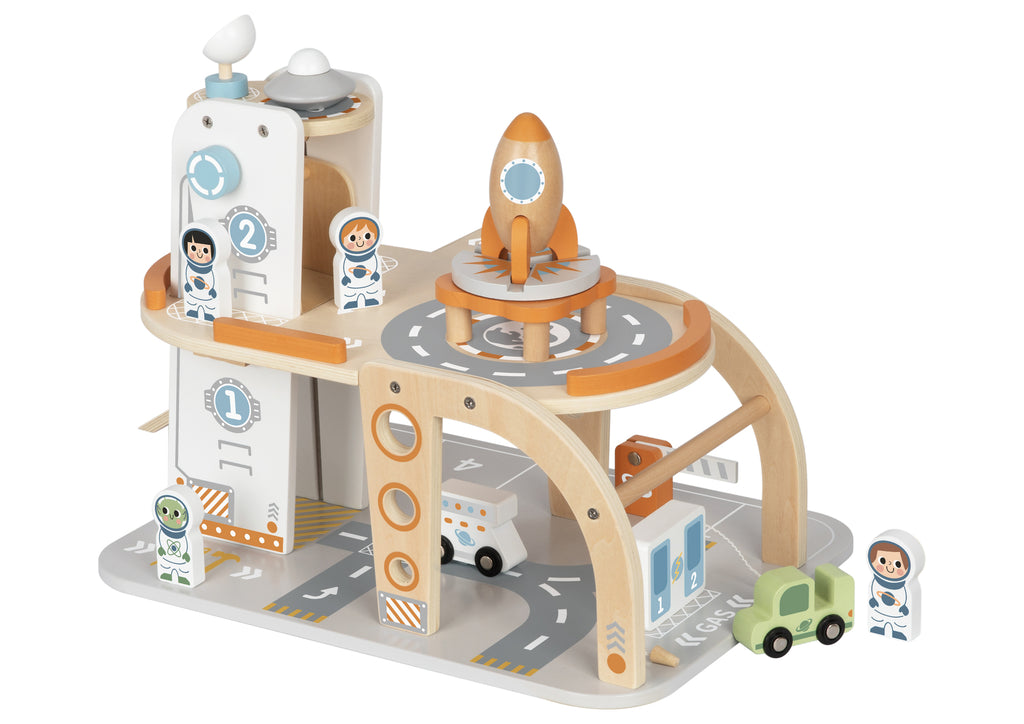 Tooky Toy Space Station Wooden Playset With Multi Level Interstellar Car Park For Imaginative Space Travel