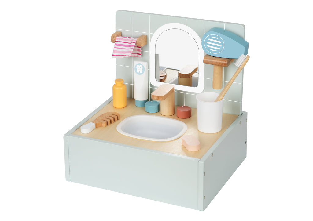 Toiletry Bathroom Playset For Kids With Vanity Mirror Pretend Sink Taps Spout And Accessories