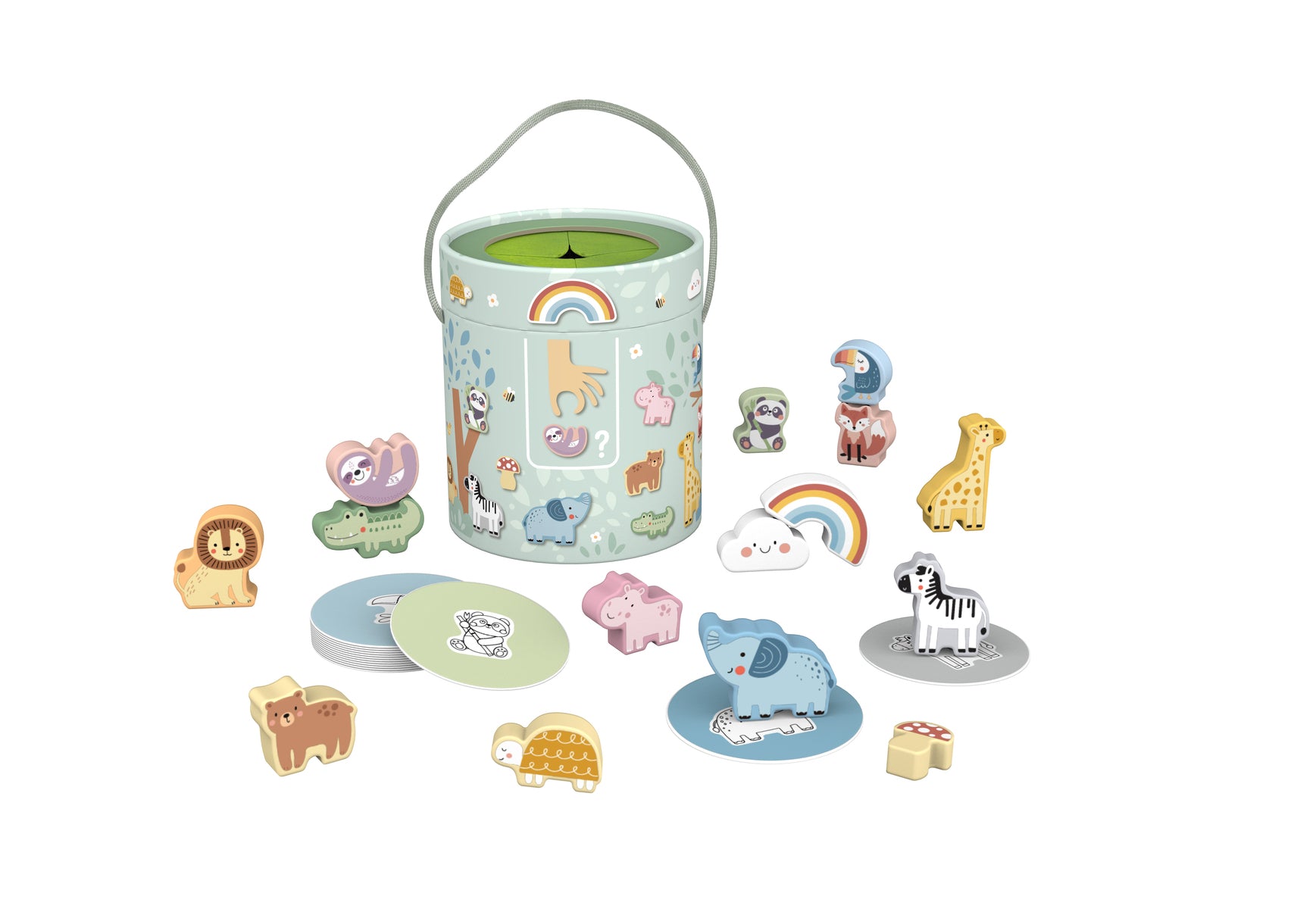 Forest Friends Animal Touch And Match Mystery Bucket With 15 Wooden Figurines And Round Cards By Tooky Toy