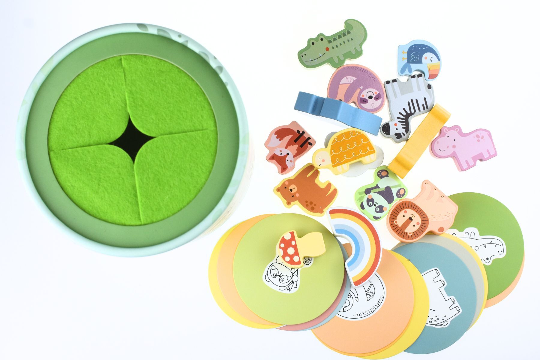 Forest Friends Animal Touch And Match Mystery Bucket With 15 Wooden Figurines And Round Cards By Tooky Toy
