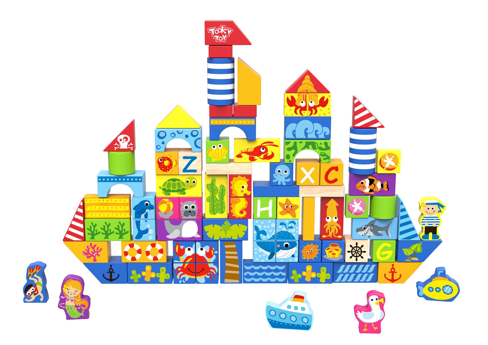 Tooky Toy Marine Building Blocks 80 Piece Sea Creatures Educational Set For Kids