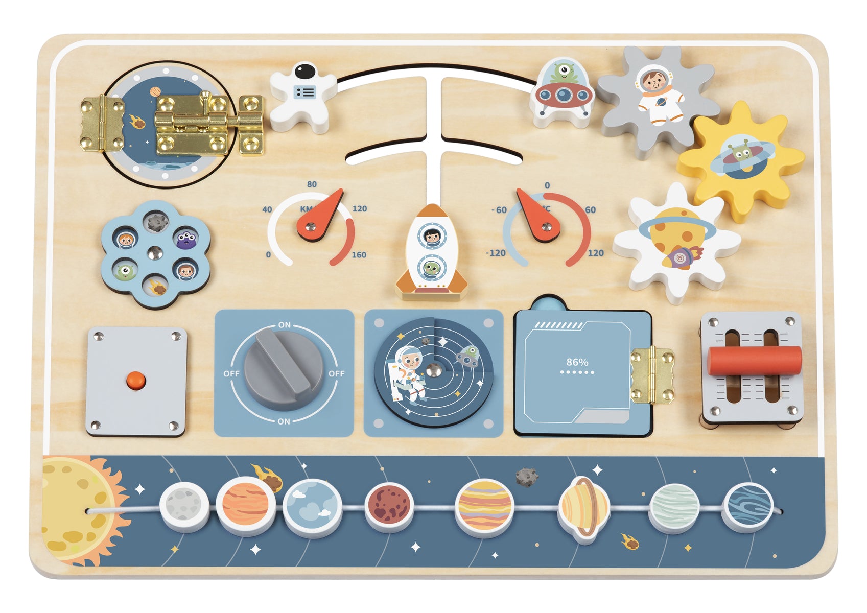 Space Busy Board For Kids By Tooky Toy An Interactive Learning Toy With Buttons Levers Dials And Cogs