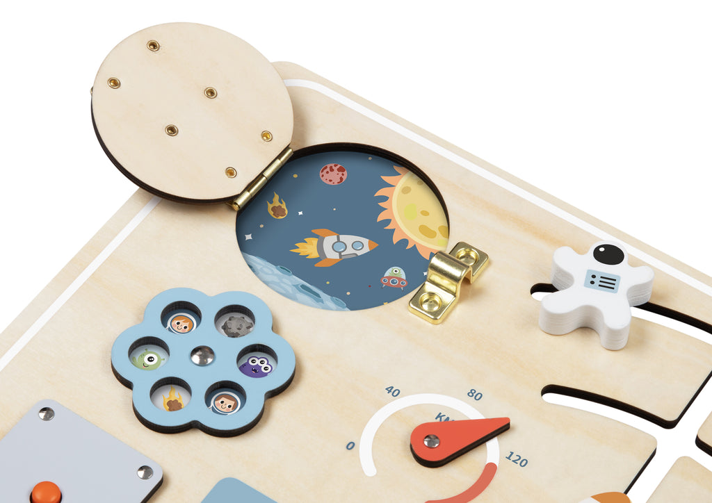 Space Busy Board For Kids By Tooky Toy An Interactive Learning Toy With Buttons Levers Dials And Cogs
