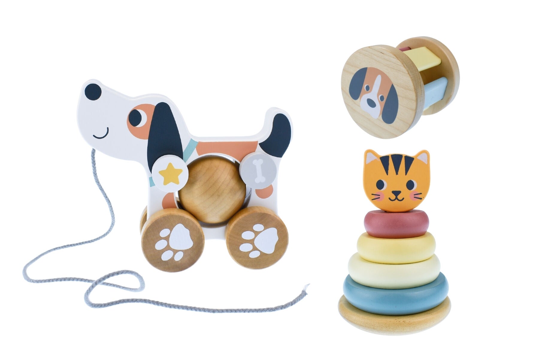 3 In 1 Wooden Baby Rattle Gift Set From Tooky Toy Cat And Puppy Dog Pull Along Toy Pack